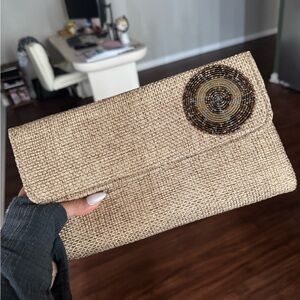 Chic Beige Clutch with Artistic Beaded Design